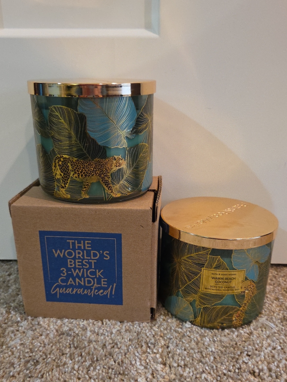 2pc WAIKIKI BEACH COCONUT 3 Wick Candle Jungle Themed Wrap With Jaguar